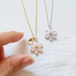 Personalized Cherry blossom necklace, Pink flower, Flower girl necklace, Wedding necklace, Bridesmaid Necklace, Letter, Gift for her image 2