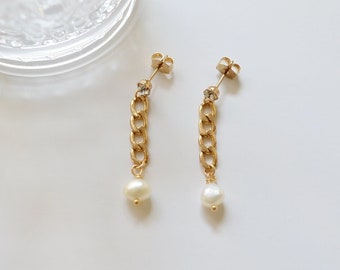 Freshwater pearl drop earrings, Chain earrings, Long earrings, Pearl stud earrings, Wedding earrings, Bridesmaid gift, Gift for women