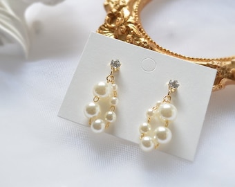 Sparkling Zircon and Pearl earrings, Sterling silver post earrings, Pearl drop earrings, Wedding earrings, Bridesmaid gift, Gift for her