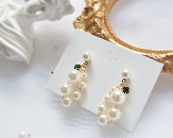 Dainty Emerald and Pearl earrings, Green stone earrings, Pearl drop earrings, Pearl studs, Wedding earrings, Bridesmaid gift, Gift for her