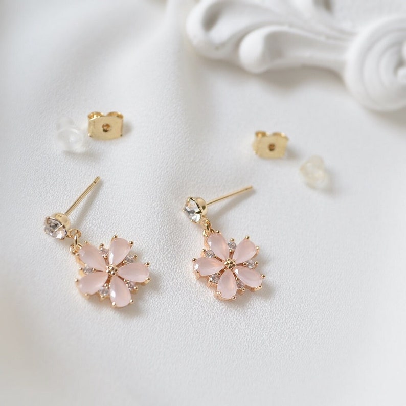 Cherry blossom earrings, Sterling silver studs, Pink flower earrings, Mint flower, Wedding earrings, Wedding jewelry, Bridesmaid earrings image 1