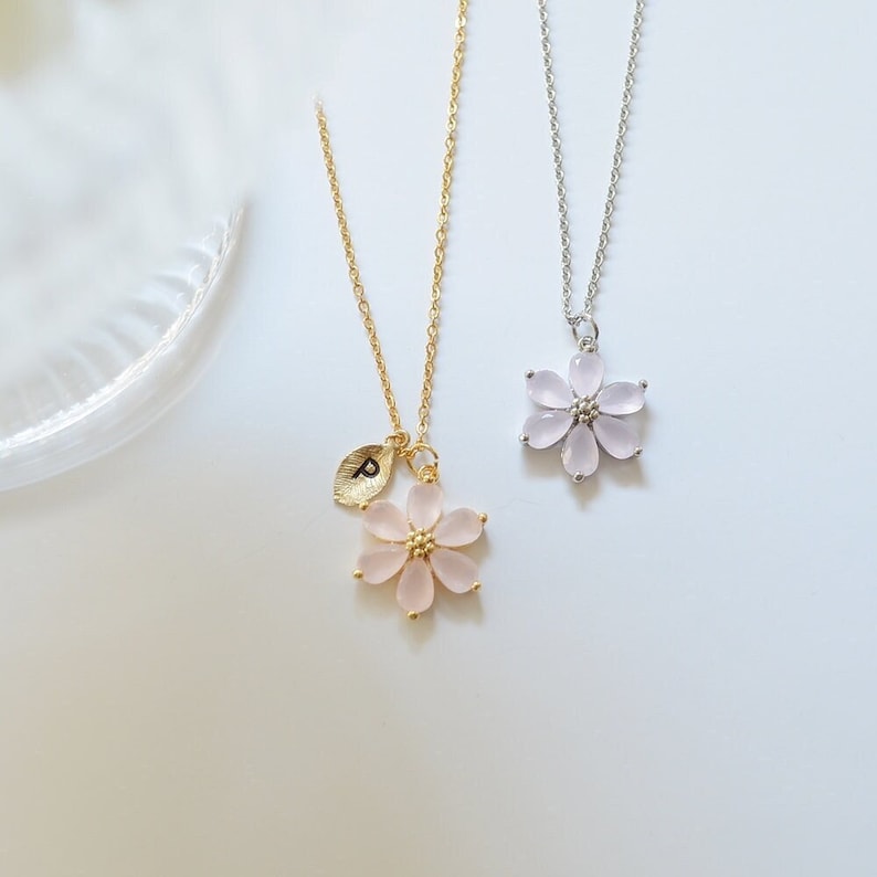 Personalized Cherry blossom necklace, Pink flower, Flower girl necklace, Wedding necklace, Bridesmaid Necklace, Letter, Gift for her image 1