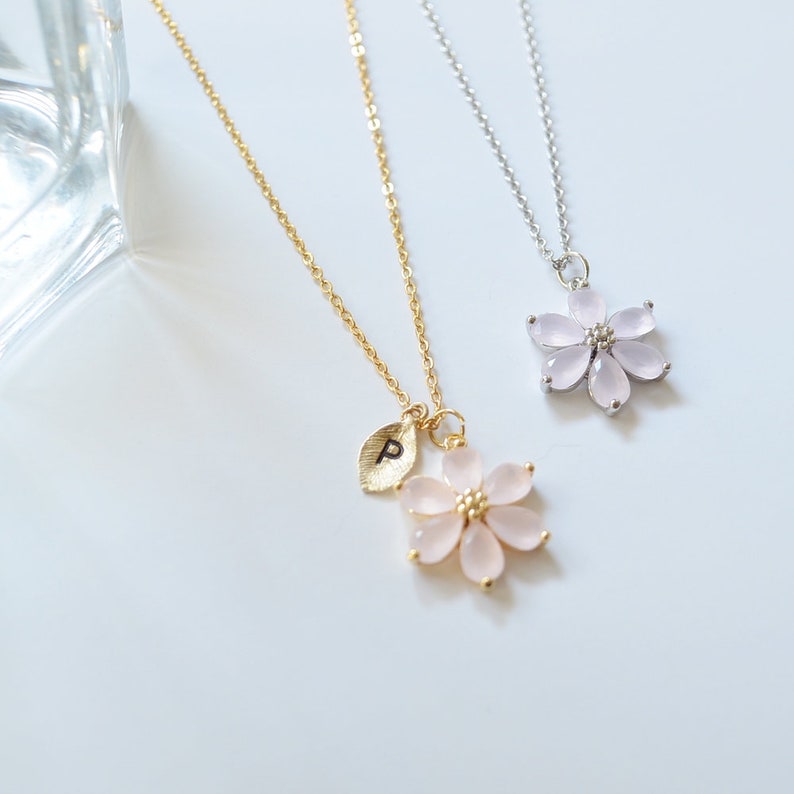 Personalized Cherry blossom necklace, Pink flower, Flower girl necklace, Wedding necklace, Bridesmaid Necklace, Letter, Gift for her image 3