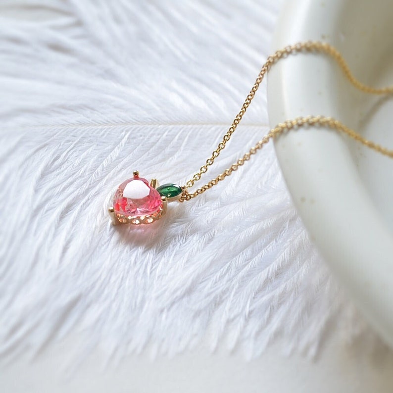 Peach necklace, Ariana Grande Peach necklace, Peach earrings, Flower girl gift, Bridesmaid gift, Wedding necklace, Gift for her, Pink stone image 1