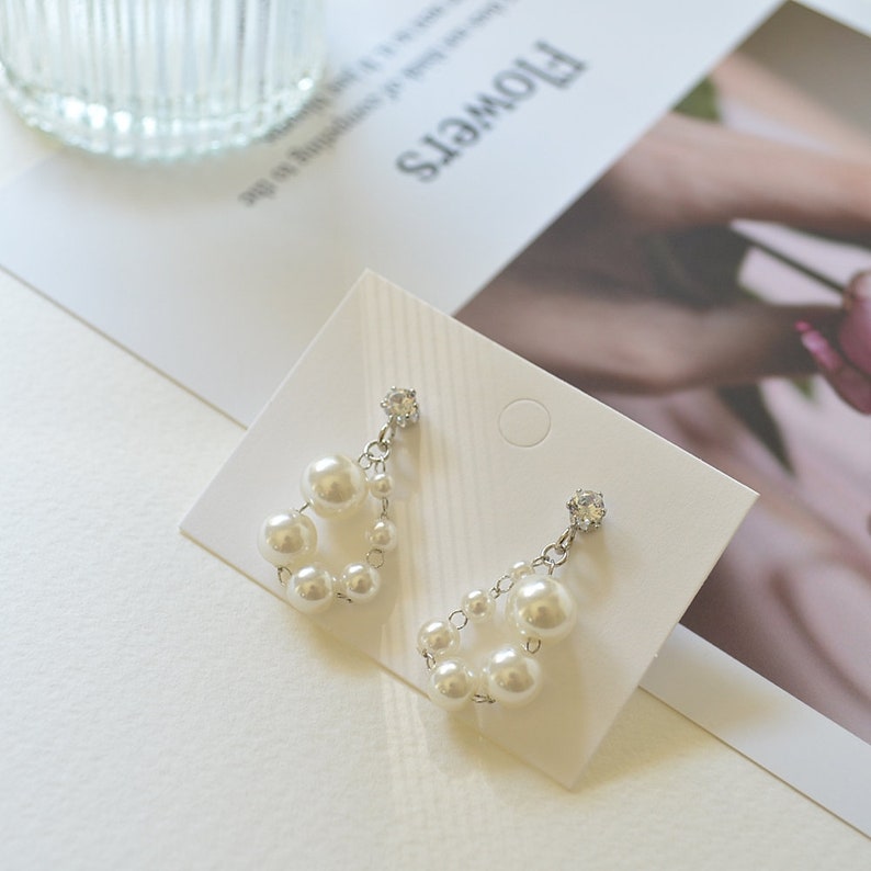 Sparkling Zircon and Pearl earrings, Sterling silver post earrings, Pearl drop earrings, Wedding earrings, Bridesmaid gift, Gift for her zdjęcie 6