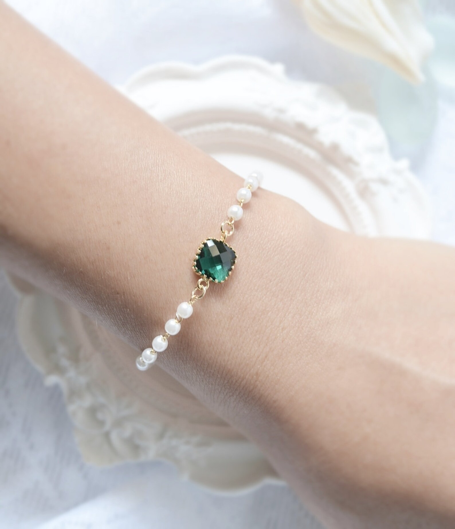 Emerald Stone and Beaded Pearl Bracelet in Gold Green Etsy
