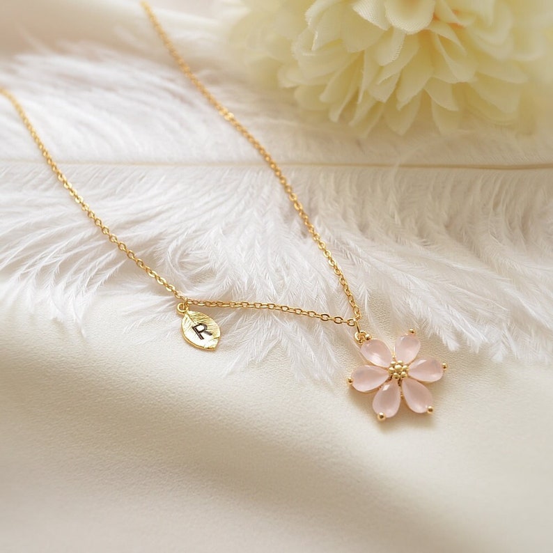 Personalized Cherry blossom necklace, Pink flower, Flower girl necklace, Wedding necklace, Bridesmaid Necklace, Letter, Gift for her image 4