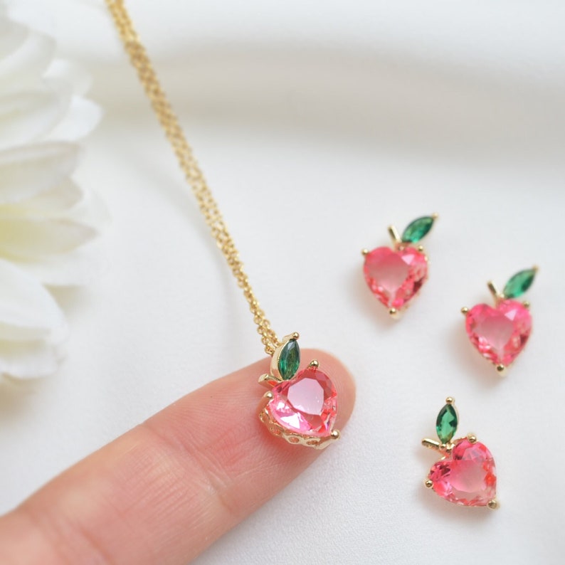 Peach necklace, Ariana Grande Peach necklace, Peach earrings, Flower girl gift, Bridesmaid gift, Wedding necklace, Gift for her, Pink stone zdjęcie 5