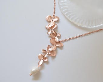 Orchid Flower Necklace, Freshwater Pearl necklace, Bridal jewelry, Bridesmaid gift, Rose gold flower necklace, Gift for mom, Gift for her