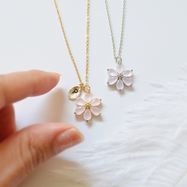 Personalized Cherry blossom necklace, Pink flower, Flower girl necklace, Wedding necklace, Bridesmaid Necklace, Letter, Gift for her image 2