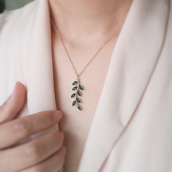 Emerald Green Leaf Necklace, Marquise necklace, Olive branch necklace, Bridesmaid gift, Bridal jewelry set, Green stone necklace, For her