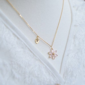 Personalized Cherry blossom necklace, Pink flower, Flower girl necklace, Wedding necklace, Bridesmaid Necklace, Letter, Gift for her image 5