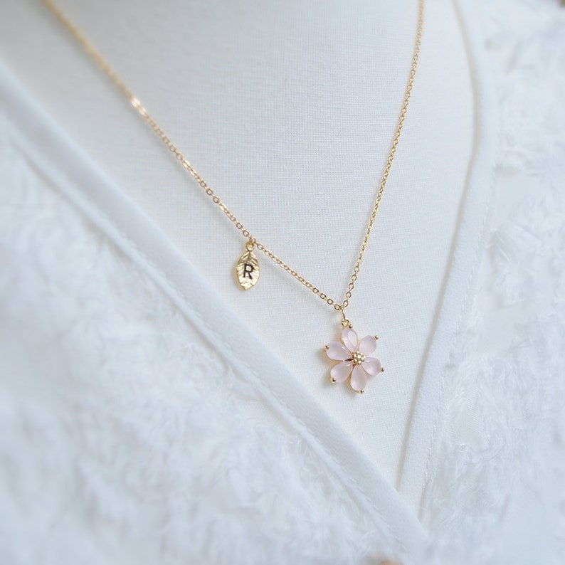 Personalized Cherry blossom necklace, Pink flower, Flower girl necklace, Wedding necklace, Bridesmaid Necklace, Letter, Gift for her image 5