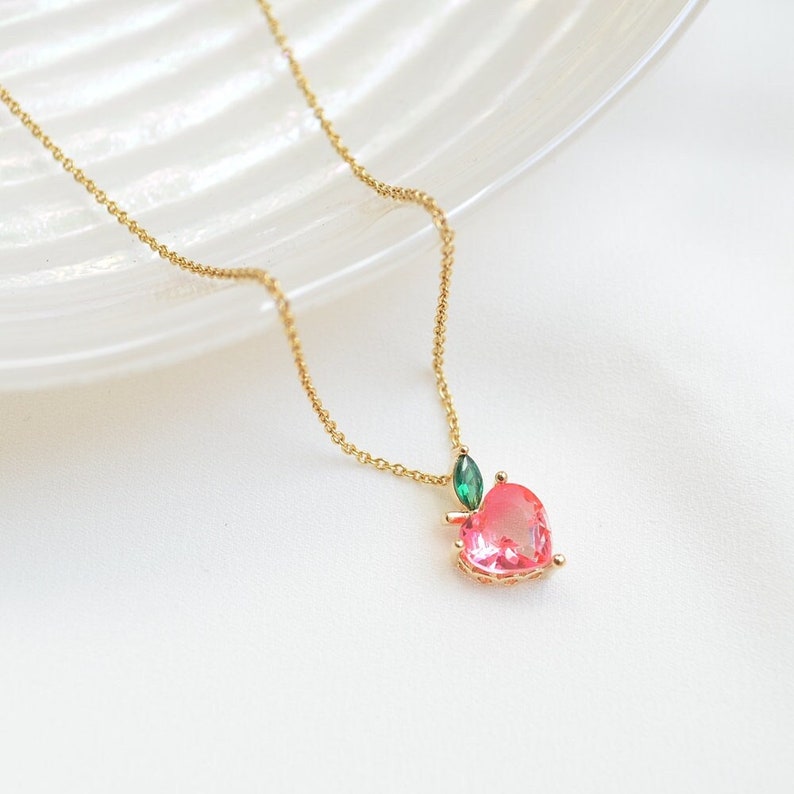 Peach necklace, Ariana Grande Peach necklace, Peach earrings, Flower girl gift, Bridesmaid gift, Wedding necklace, Gift for her, Pink stone image 3