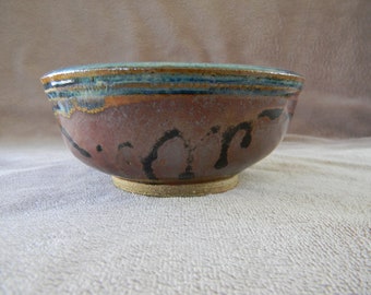 Pottery Cereal Bowl, Redish-Brown w. Blue Rim & Black Drips; Candy or Nut Dish, Home Decor