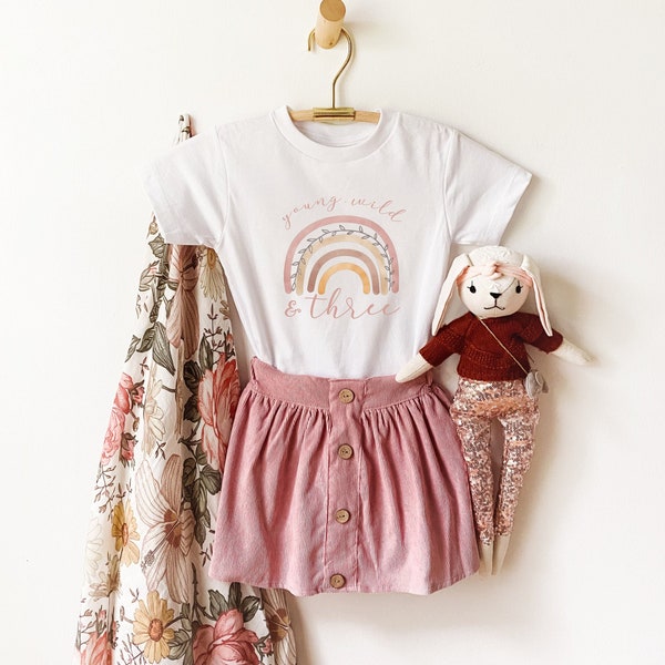Young Wild and Three Boho Rainbow Shirt, 3 Year Old Rainbow Birthday Party, Toddler Girls Party Shirt, Muted Rainbow Party Theme