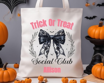 Custom Trick or Treat Bag for kids for Halloween Candy Bucket, Halloween Tote with Bow Coquette Aesthetic, Personalized Favor Bags for Party
