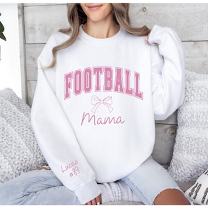 Customized Football Sweatshirt, Gameday Shirt, Pink Coquette Bow Oversized Sweatshirt, Pink Football Mama Tee, Personalize Mom Sweatshirt