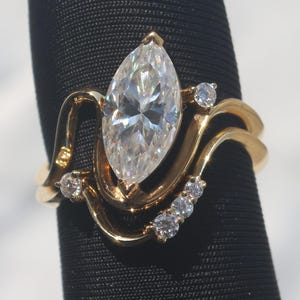 2CT Marquise Moissanite Wave Ring Set: Sculptural Engagement Ring, Sterling Silver or Gold
