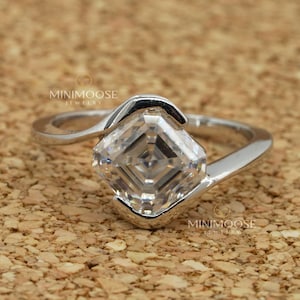 Asscher Cut Moissanite Solitaire Ring: Wave Bezel, Silver or Gold