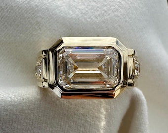 Wide Band Gold Ring, 10k Yellow Gold, Emerald Cut Lab Diamond