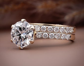 2ct Lab Diamond Bridal Set, IGI Certified Solid Gold Engagement Ring, Pave Wedding Band