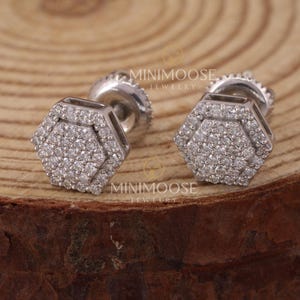 Hexagon Moissanite Stud Earrings: Pave Diamond Cluster, Geometric Silver or Gold