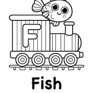 Puede incluir: Ilustración en blanco y negro de un tren con la letra F en el lateral. Un pez está sentado en la parte superior del tren. La palabra "Pez" está escrita debajo del tren.
