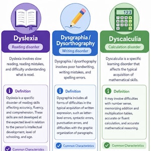 Può includere: Un'infografica educativa intitolata Forms of Specific Learning Disorders, che descrive dislessia, disgrafia e discalculia. Utilizza colonne codificate a colori con icone di un libro, una matita e una calcolatrice per spiegare definizioni e caratteristiche.