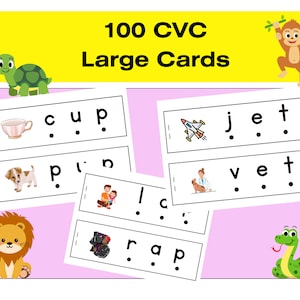 CVC Große Karten zum Drucken von Kindergarten Vorschulaktivitäten, Schreiben, Lernseiten, Lehrmittel, einfaches Lesen zu Hause