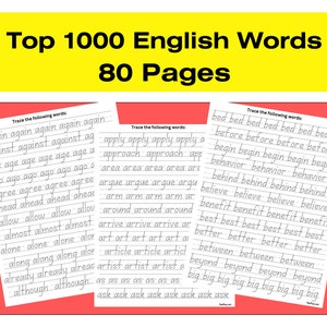 Traceer de top 1000 meest gebruikte Engelse woorden in alfabetische volgorde ABC-vocabulaire schrijfwerkblad Oefenen met afdrukbare ELA ESL-activiteiten