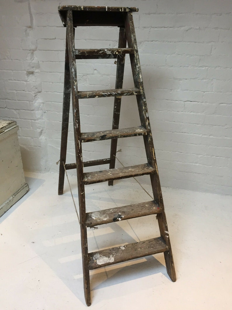 Large Vintage Wooden Step Ladder Paint Splattered Etsy