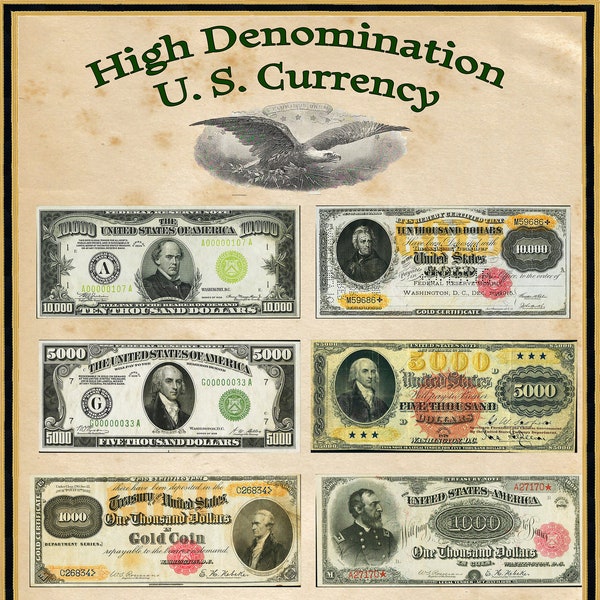 United States High Denomination Currency 16" X 20" Poster