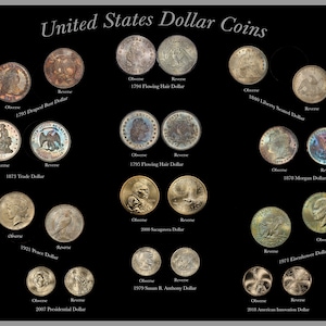 Puede incluir: Una colección de monedas de dólar estadounidense, que incluye el dólar de pelo suelto de 1794, el dólar de busto drapeado de 1795, el dólar sentado de la Libertad de 1840, el dólar comercial de 1873, el dólar Morgan de 1878, el dólar de la paz de 1921, el dólar Eisenhower de 1971, el dólar Susan B. Anthony de 1979, el dólar Sacagawea de 2000, el dólar presidencial de 2007 y el dólar de innovación estadounidense de 2018.