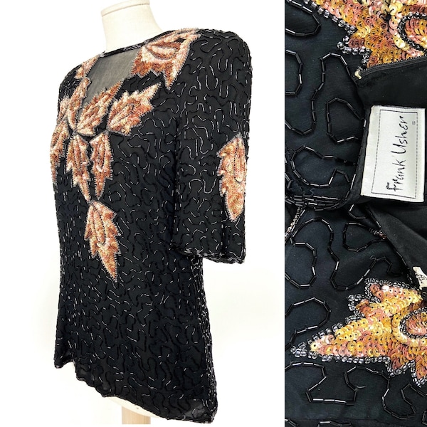 Vintage beaded sequin short sleeve blouse by Frank Usher. Copper leafs. Elegant vintage evening blouse. Boho. Glam rock top. Festival. 10UK