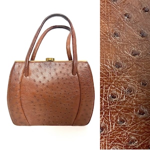 Vintage 1950s brown ostrich leather handbag by Riviera Bag. English classic leather bag.