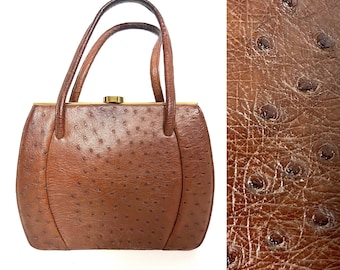 Vintage 1950s brown ostrich leather handbag by Riviera Bag. English classic leather bag.