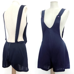 60s vintage blue nylon sunsuit romper. Retro gym playsuit. Sport short dungarees.  S 10UK