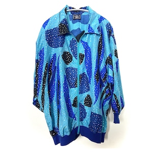 VTG 90s mens unisex silk blue bomber jacket by La Maisonette Blu. Funky silk blazer. Geometric pattern silk bomber. S