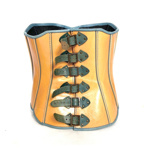 Bespoke tan leather corset with blue buckles. Fet… - image 1