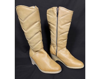 80s Vintage Leather Winter Boots: Shearling Lined, 5.5-6 UK