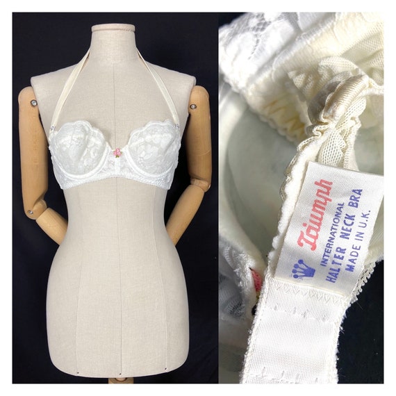 50s Vintage Halter Neck Bra by Triumph. Ivory White Retro Bra. Pinup Bra.  Burlesque Bra. Padded Lace Bra. Vintage Push Up. 34A/75A 