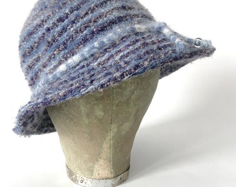 80s Kangol Angora Bucket Hat: Retro Blue Ribbed Design (Size M)