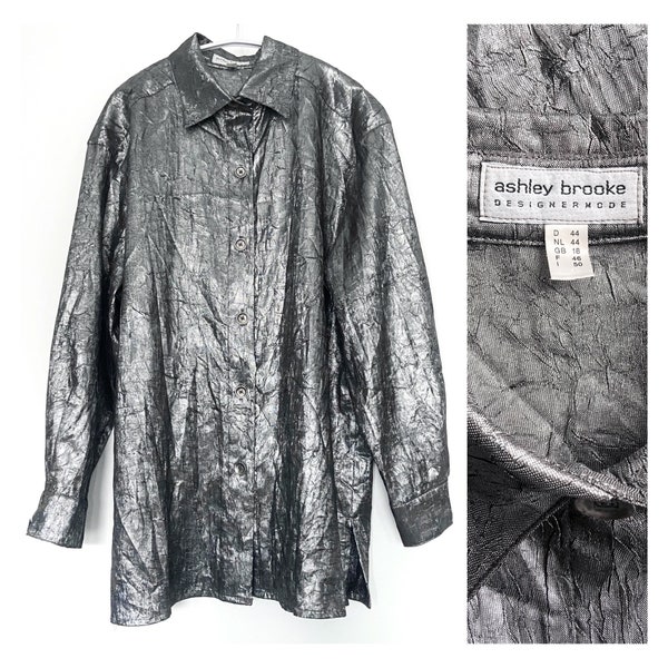 Vintage Ashley Brooke Designermode long sleeve silver shirt. Crushed metallic blouse. XL 18UK