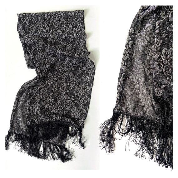 Vintage silver lurex lace scarf with black fringi… - image 1