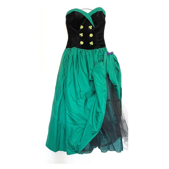 70s John Charles Eveningwear strapless dress with Irish clover pattern. M