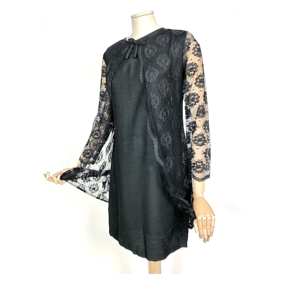 60s vintage little black dress with lace sleeves … - image 2