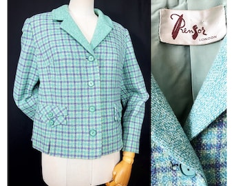 50s vintage Scottish wool ladies blazer jacket by  Rensor London. Turquoise checked tweed blazer. 34" chest M