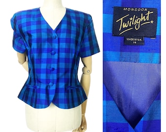 Veste en soie à carreaux bleus vintage des années 80 par Monsoon Twighlight. Blazer en soie à manches courtes indigo turquoise. 14UK H
