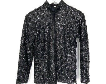 1980s vintage black sequinned blazer top. Sparkly black sequinned long sleeve party blazer. 36EU S